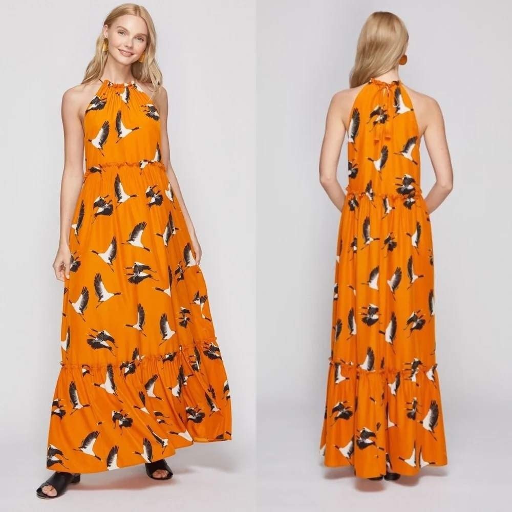 Roller Rabbit Karma Tegan Maxi Dress L Orange Crane Novelty Print Ruffle Boho